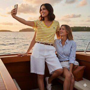 Ralph Lauren Yellow White Striped V-Neck T-Shirt Women’s